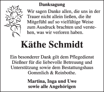 Traueranzeige von Käthe Schmidt von Super Sonntag Dessau / Köthen