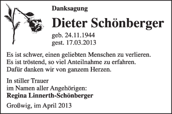 Traueranzeige von Dieter Schönberger von WVG - Wochenspiegel Wittenberg
