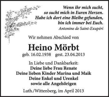 Traueranzeige von Heino Mörbt von Super Sonntag Wittenberg