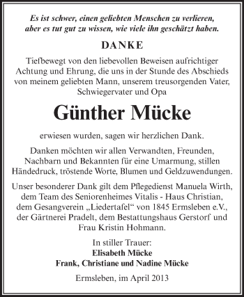 Traueranzeige von Günther Mücke von Super Sonntag Aschersleben