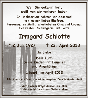 Traueranzeige von Irmgard Schlotte von Super Sonntag Zeitz