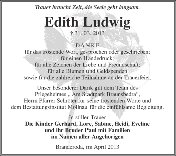 Traueranzeige von Edith Ludwig von WVG - Wochenspiegel Merseburg