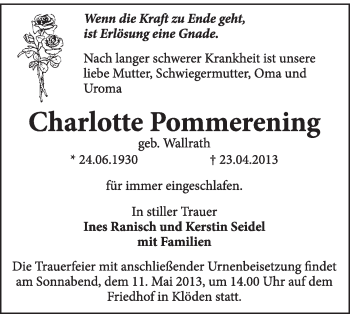 Traueranzeige von Charlotte Pommerening von WVG - Wochenspiegel Wittenberg