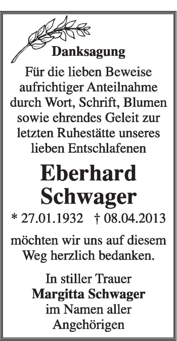 Traueranzeige von Eberhard Schwager von Super Sonntag Wittenberg