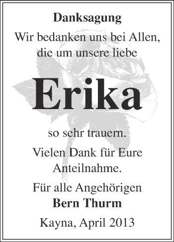 Traueranzeige von Erika  von WVG - Wochenspiegel NMB / WSF / ZTZ