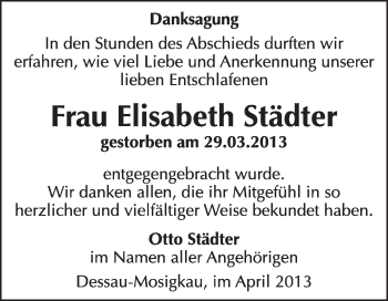 Traueranzeige von Elisabeth Städter von Super Sonntag Dessau / Köthen