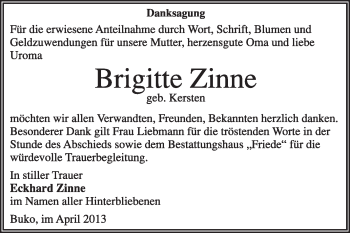 Traueranzeige von Brigitte Zinne von Super Sonntag Dessau / Köthen