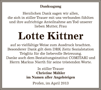 Traueranzeige von Lotte Kittner von Super Sonntag Zeitz