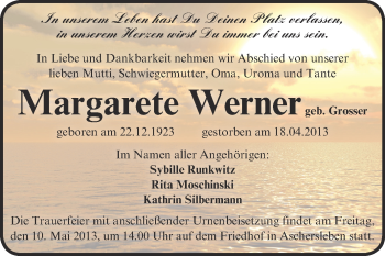 Traueranzeige von Margarete Werner von Super Sonntag Aschersleben