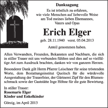 Traueranzeige von Erich Elger von Super Sonntag Dessau / Köthen