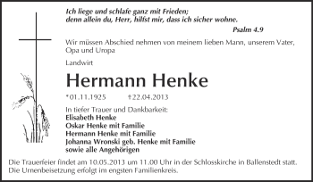 Traueranzeige von Hermann Henke von WVG - Wochenspiegel Quedlinburg