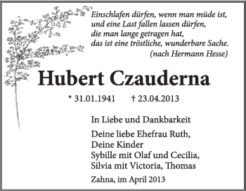Traueranzeige von Hubert Czauderna von Super Sonntag Wittenberg