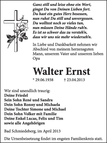 Traueranzeige von Walter Ernst von WVG - Wochenspiegel Wittenberg