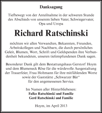 Traueranzeige von Richard Ratschinski von Super Sonntag Aschersleben