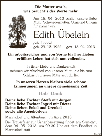 Traueranzeige von Edith Übelein von Super Sonntag Zeitz