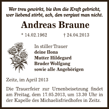Traueranzeige von Andreas Braune von Super Sonntag Zeitz