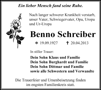 Traueranzeige von Benno Schreiber von Super Sonntag Dessau / Köthen