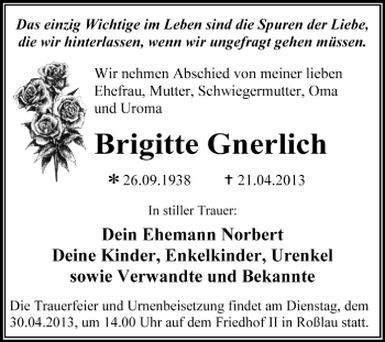 Traueranzeige von Brigitte Gnerlich von Super Sonntag Dessau / Köthen
