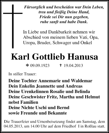 Traueranzeige von Karl Gottlieb Hanusa von Super Sonntag Dessau / Köthen