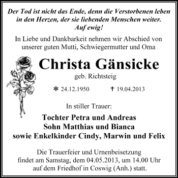 Traueranzeige von Christa Gänsicke von Super Sonntag Dessau / Köthen