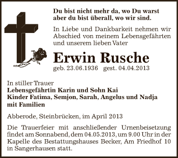 Traueranzeige von Erwin Rusche von Super Sonntag SGH Mansf. Land