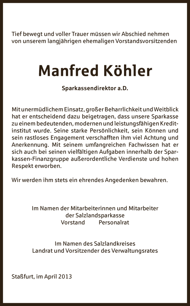  Traueranzeige für Manfred Köhler vom 28.04.2013 aus Super Sonntag Bernburg