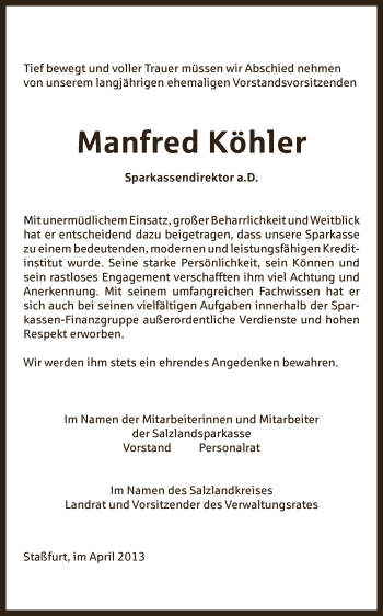 Traueranzeige von Manfred Köhler von Super Sonntag Bernburg