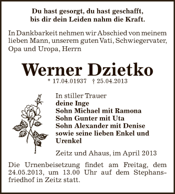 Traueranzeige von Werner Dzietko von Super Sonntag Zeitz