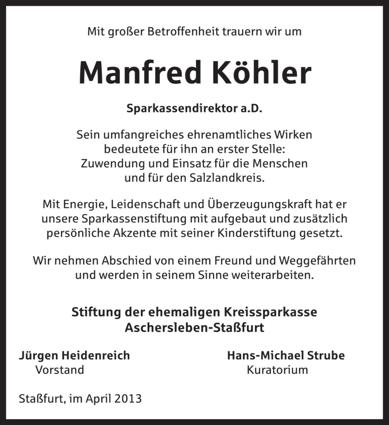  Traueranzeige für Manfred Köhler vom 28.04.2013 aus Super Sonntag Aschersleben