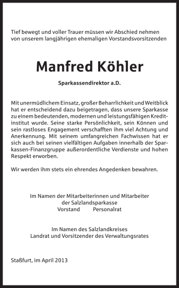 Traueranzeige von Manfred Köhler von Super Sonntag Aschersleben