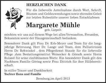 Traueranzeige von Margarete Mühle von Super Sonntag Bernburg