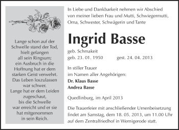 Traueranzeige von Ingrid Basse von WVG - Wochenspiegel Quedlinburg
