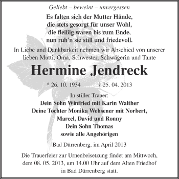 Traueranzeige von Hermine Jendreck von Super Sonntag Merseburg