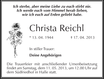 Traueranzeige von Christa Reichl von Mitteldeutsche Zeitung Halle/Saalkreis