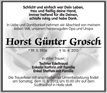 Traueranzeige von Horst Günter Grosch von Mitteldeutsche Zeitung Halle/Saalkreis