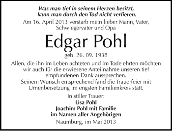 Traueranzeige von Edgar Pohl von Mitteldeutsche Zeitung Naumburg/Nebra