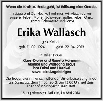 Traueranzeige von Erika Wallasch von Mitteldeutsche Zeitung Sangerhausen