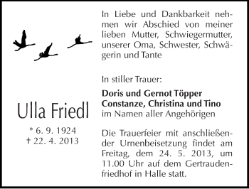 Traueranzeige von Ulla Friedl von Mitteldeutsche Zeitung Halle/Saalkreis
