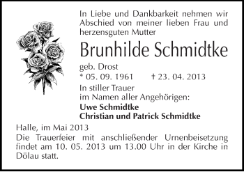 Traueranzeige von Brunhilde Schmidtke von Mitteldeutsche Zeitung Halle/Saalkreis