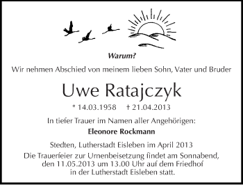 Traueranzeige von Uwe Ratajczyk von Mitteldeutsche Zeitung Aschersleben