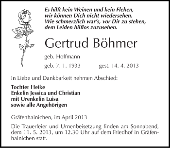 Traueranzeige von Gertrud Böhmer von Mitteldeutsche Zeitung Wittenberg