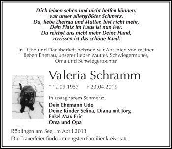 Traueranzeige von Valeria Schramm von Mitteldeutsche Zeitung Aschersleben
