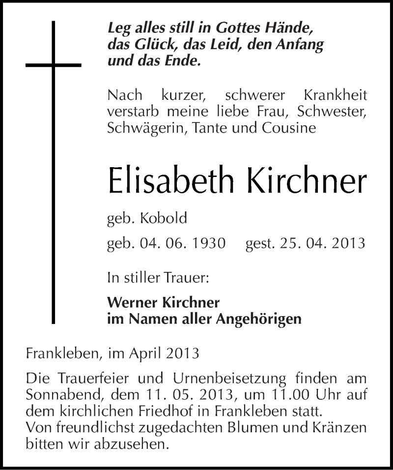 Traueranzeigen von Elisabeth Kirchner www.abschied nehmen.de