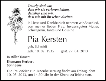 Traueranzeige von Pia Kersten von Mitteldeutsche Zeitung Halle/Saalkreis