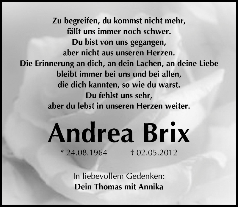  Traueranzeige für Andrea Brix vom 01.05.2013 aus Mitteldeutsche Zeitung Naumburg/Nebra