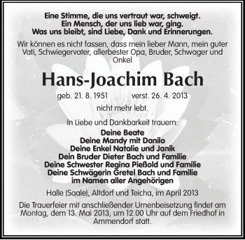 Traueranzeige von Hans-Joachim Bach von Mitteldeutsche Zeitung Halle/Saalkreis