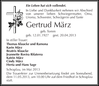 Traueranzeige von Gertrud März von Mitteldeutsche Zeitung Merseburg/Querfurt