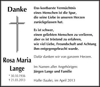 Traueranzeige von Rosa Maria Lange von Mitteldeutsche Zeitung Halle/Saalkreis