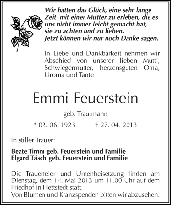 Traueranzeige von Emmi Feuerstein von Mitteldeutsche Zeitung Aschersleben