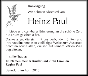 Traueranzeige von Heinz Paul von Mitteldeutsche Zeitung Aschersleben